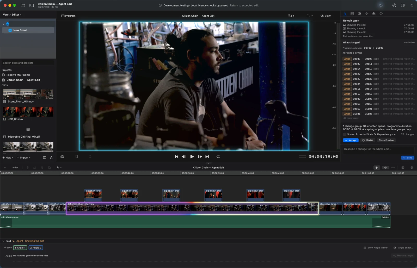 Editor Harness with an interview, B-roll and music, and a change ready to review